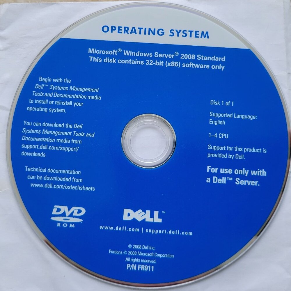 Microsoft Windows Server 2008 Standard for 32-bit (x86) DVD P/N FR911